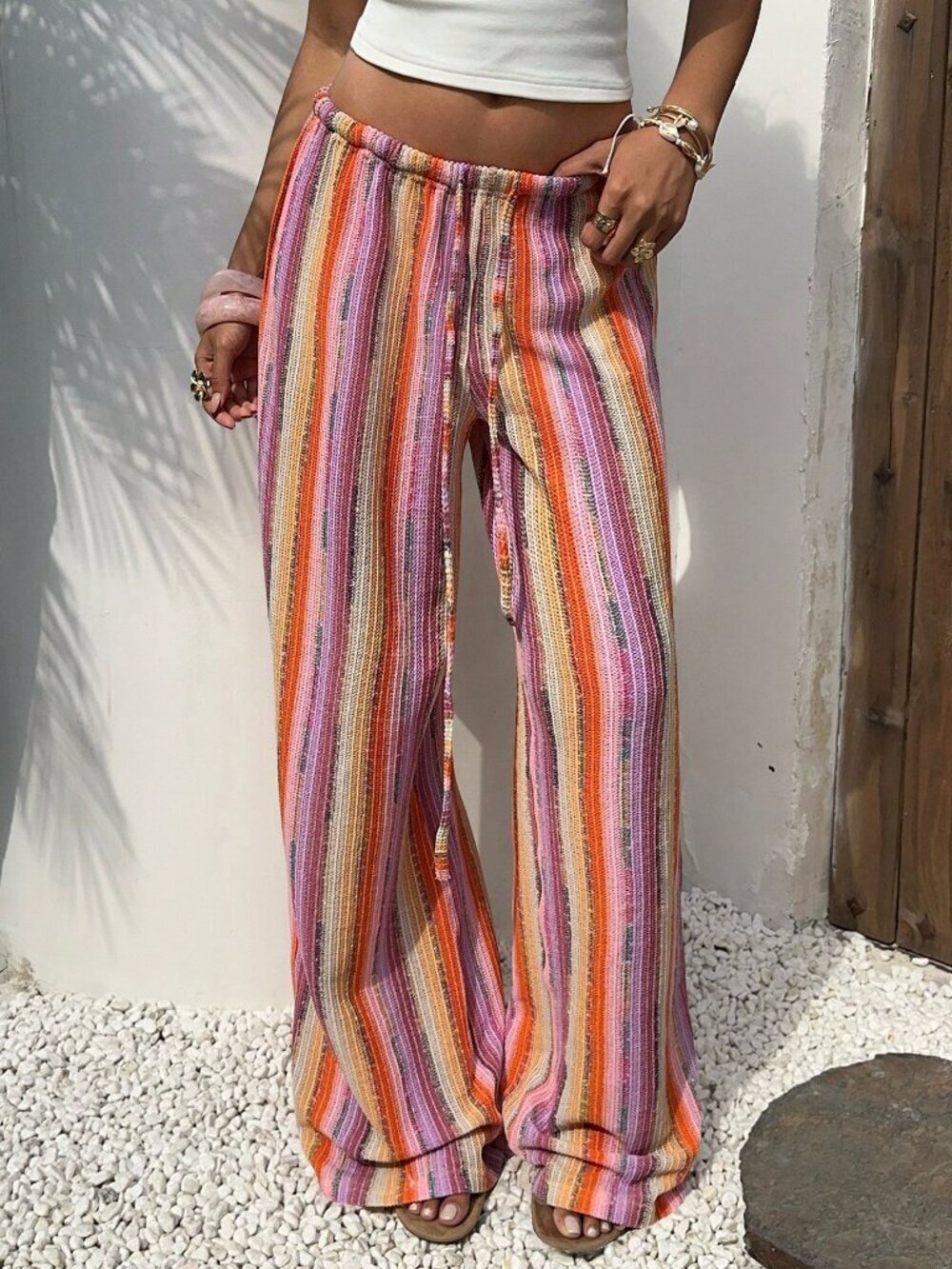 Multicolor Boho Women's Low Waist Crochet Stripe Leg Trousers